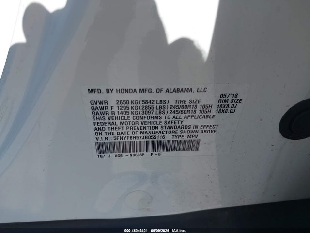 Aukcja sprzedaży 2018 Honda Pilot Ex-l, vin: 5FNYF6H57JB055116, numer aukcji: 46049421