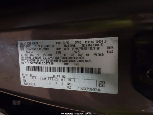 2020 Ford F-250 Xl მანქანა იყიდება აუქციონზე, vin: 1FT7W2B66LED17718, აუქციონის ნომერი: 46049422