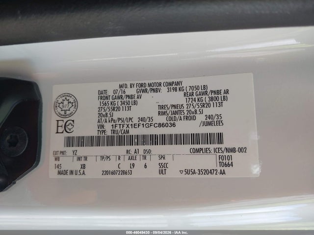 Продаж на аукціоні авто 2016 Ford F-150 Xlt, vin: 1FTFX1EF1GFC86036, номер лоту: 46049430
