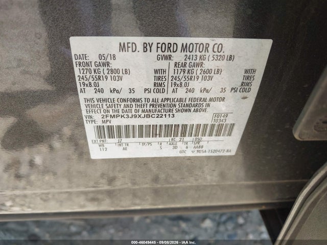 Продажа на аукционе авто 2018 Ford Edge Sel, vin: 2FMPK3J9XJBC22113, номер лота: 46049445