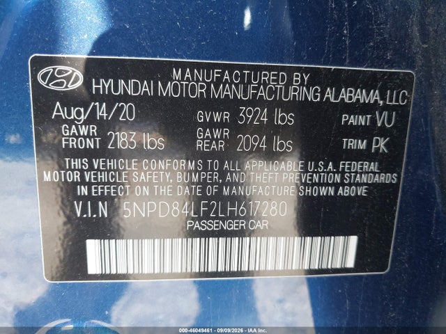 2020 Hyundai Elantra Value Edition მანქანა იყიდება აუქციონზე, vin: 5NPD84LF2LH617280, აუქციონის ნომერი: 46049461