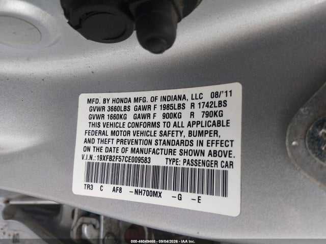 2012 Honda Civic Lx მანქანა იყიდება აუქციონზე, vin: 19XFB2F57CE009583, აუქციონის ნომერი: 46049468