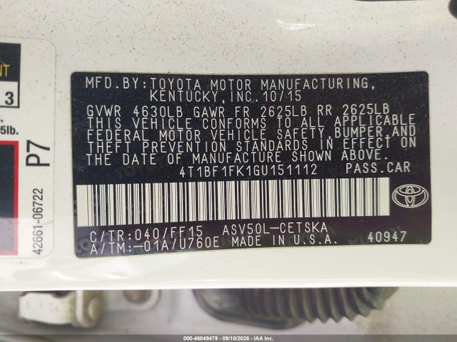 46049479 :رقم المزاد ، 4T1BF1FK1GU151112 vin ، 2016 Toyota Camry Se مزاد بيع