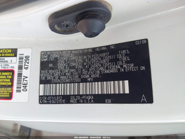 Продаж на аукціоні авто 2008 Toyota Sienna Xle, vin: 5TDZK22C98S172900, номер лоту: 46049500
