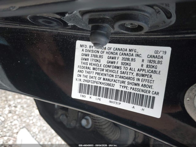 46049503 :رقم المزاد ، 2HGFC2F67KH536632 vin ، 2019 Honda Civic Lx مزاد بيع