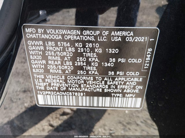 46049508 :رقم المزاد ، 1V2PR2CA0MC576291 vin ، 2021 Volkswagen Atlas 3.6l V6 Se W/technology R-line مزاد بيع