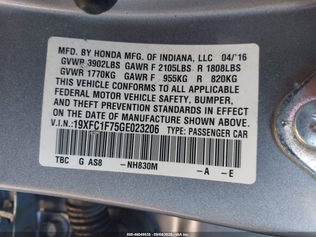 46049538 :رقم المزاد ، 19XFC1F75GE023206 vin ، 2016 Honda Civic Ex-l مزاد بيع