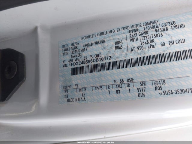 2006 Ford E-450 Cutaway მანქანა იყიდება აუქციონზე, vin: 1FDXE45S96DB10172, აუქციონის ნომერი: 46049543