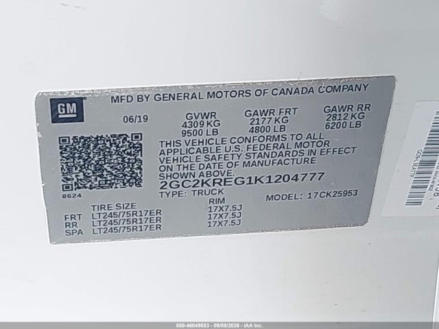46049553 :رقم المزاد ، 2GC2KREG1K1204777 vin ، 2019 Chevrolet Silverado 2500hd Wt مزاد بيع