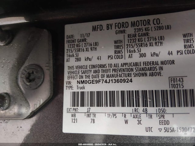46049580 :رقم المزاد ، NM0GE9F74J1360924 vin ، 2018 Ford Transit Connect Xlt مزاد بيع