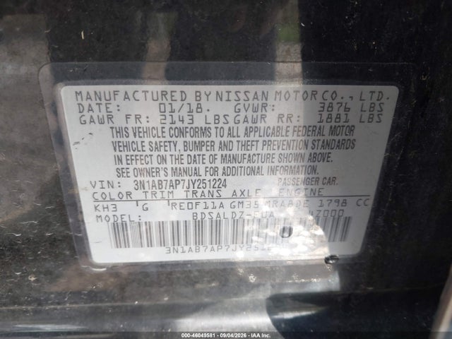 Aukcja sprzedaży 2018 Nissan Sentra Sv, vin: 3N1AB7AP7JY251224, numer aukcji: 46049581