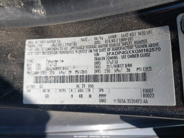 46049582 :رقم المزاد ، 3FADP4GXXGM182570 vin ، 2016 Ford Fiesta St مزاد بيع
