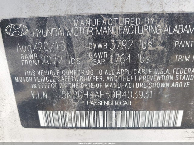 2013 Hyundai Elantra Gls მანქანა იყიდება აუქციონზე, vin: 5NPDH4AE5DH403931, აუქციონის ნომერი: 46049587