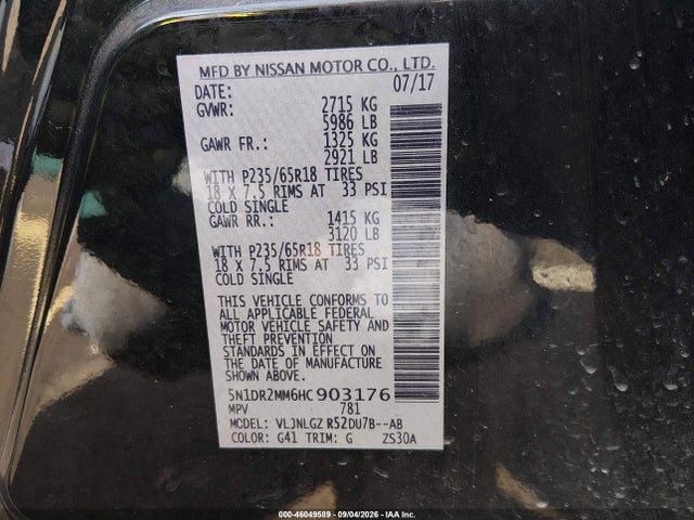 Aukcja sprzedaży 2017 Nissan Pathfinder Sl, vin: 5N1DR2MM6HC903176, numer aukcji: 46049589