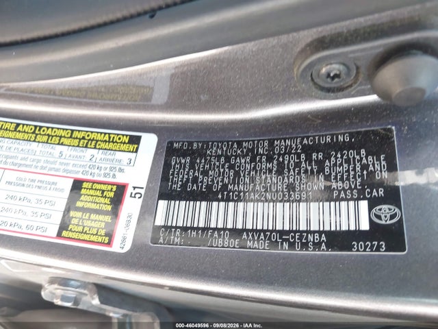 46049596 :رقم المزاد ، 4T1C11AK2NU033691 vin ، 2022 Toyota Camry Le مزاد بيع