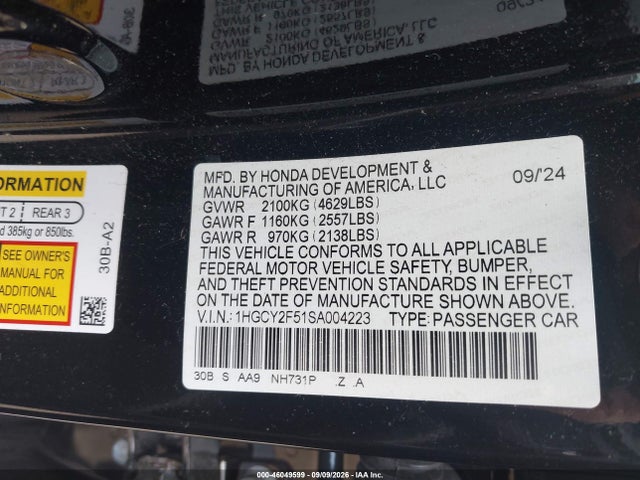 Продажа на аукционе авто 2025 Honda Accord Hybrid Sport, vin: 1HGCY2F51SA004223, номер лота: 46049599