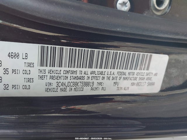 46049607 :رقم المزاد ، 3C4NJDCB8KT598819 vin ، 2019 Jeep Compass Limited 4x4 مزاد بيع