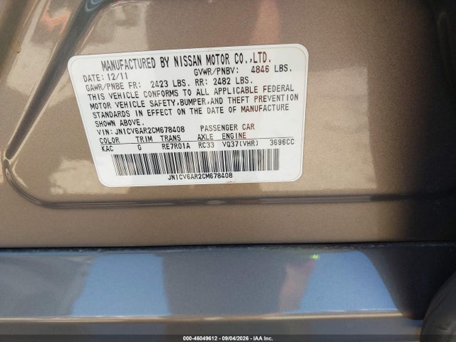 46049612 :رقم المزاد ، JN1CV6AR2CM678408 vin ، 2012 Infiniti G37x مزاد بيع