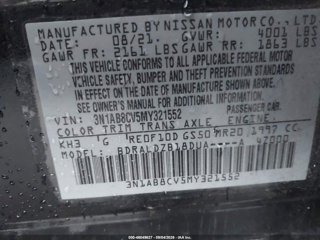 Продажа на аукционе авто 2021 Nissan Sentra Sv Xtronic Cvt, vin: 3N1AB8CV5MY321552, номер лота: 46049627