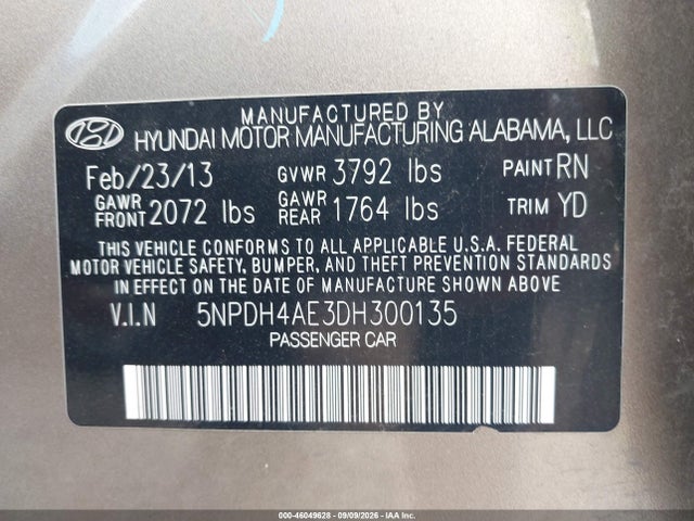 46049628 :رقم المزاد ، 5NPDH4AE3DH300135 vin ، 2013 Hyundai Elantra Gls مزاد بيع