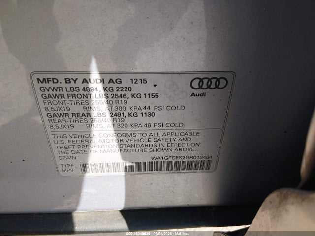 2016 Audi Q3 2.0t Premium Plus მანქანა იყიდება აუქციონზე, vin: WA1GFCFS2GR013484, აუქციონის ნომერი: 46049629