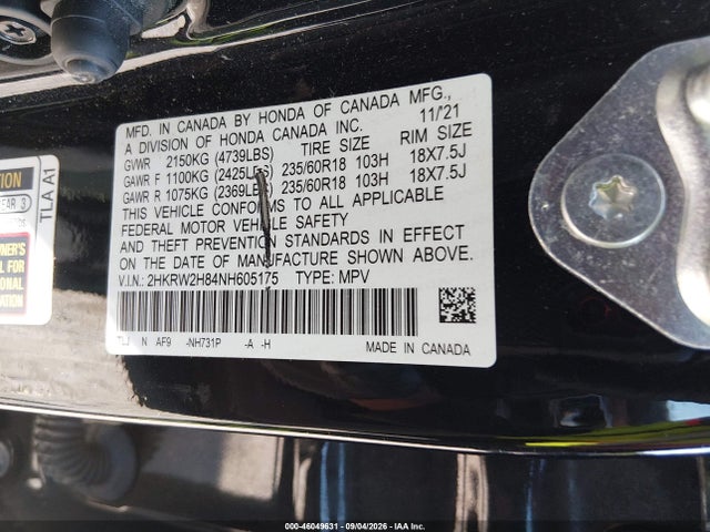 Aukcja sprzedaży 2022 Honda Cr-v Awd Ex-l, vin: 2HKRW2H84NH605175, numer aukcji: 46049631