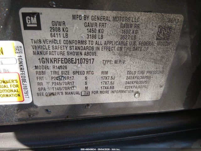 Продаж на аукціоні авто 2014 Chevrolet Traverse Ls, vin: 1GNKRFED8EJ107917, номер лоту: 46049634