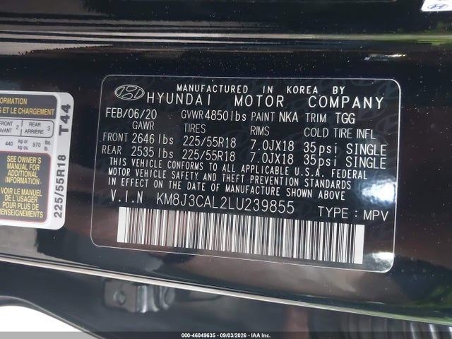 2020 Hyundai Tucson Sel მანქანა იყიდება აუქციონზე, vin: KM8J3CAL2LU239855, აუქციონის ნომერი: 46049635
