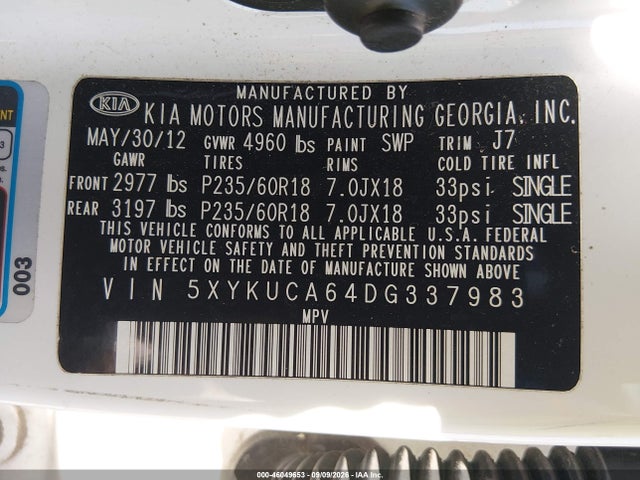 Aukcja sprzedaży 2013 Kia Sorento Ex, vin: 5XYKUCA64DG337983, numer aukcji: 46049653
