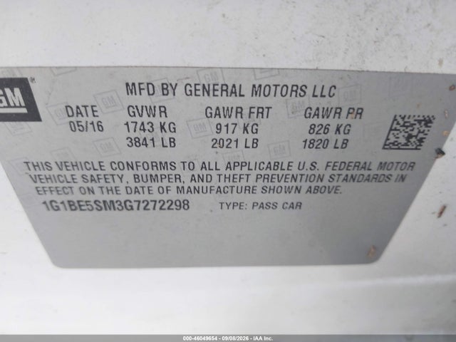 46049654 :رقم المزاد ، 1G1BE5SM3G7272298 vin ، 2016 Chevrolet Cruze Lt Auto مزاد بيع