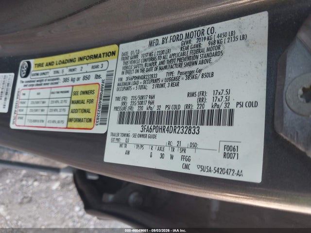 Aukcja sprzedaży 2013 Ford Fusion Se, vin: 3FA6P0HR4DR232833, numer aukcji: 46049661