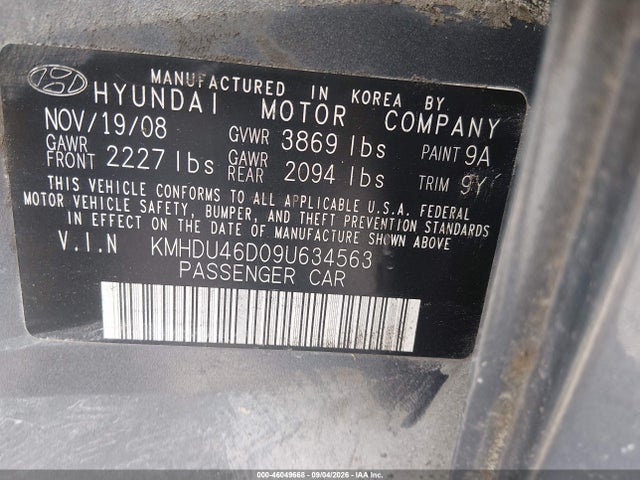 Продажа на аукционе авто 2009 Hyundai Elantra Gls, vin: KMHDU46D09U634563, номер лота: 46049668