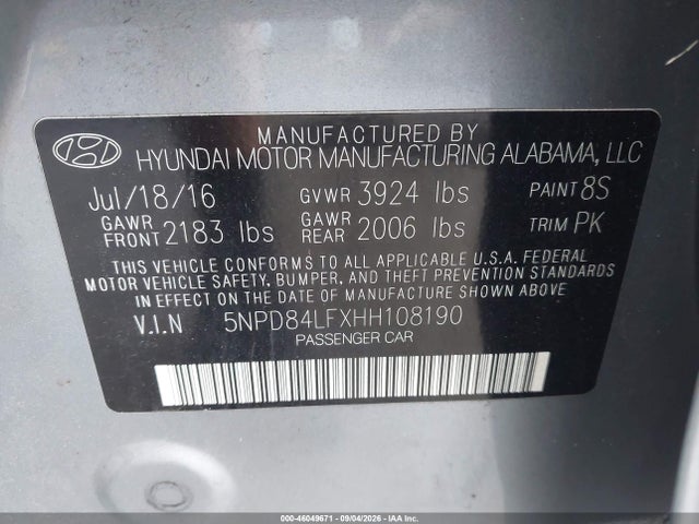 46049671 :رقم المزاد ، 5NPD84LFXHH108190 vin ، 2017 Hyundai Elantra Se مزاد بيع