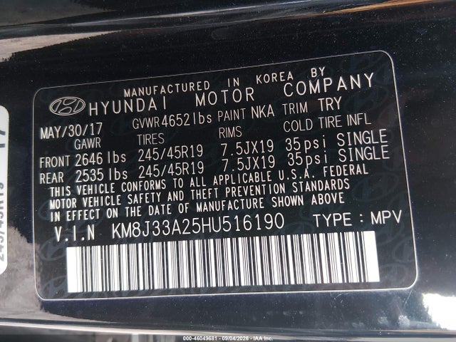 Продажа на аукционе авто 2017 Hyundai Tucson Limited, vin: KM8J33A25HU516190, номер лота: 46049681