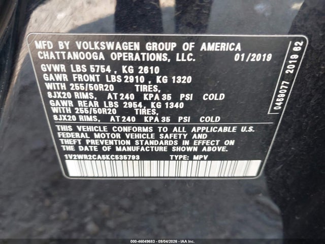Продаж на аукціоні авто 2019 Volkswagen Atlas 3.6l V6 Se W/technology, vin: 1V2WR2CA5KC535793, номер лоту: 46049683