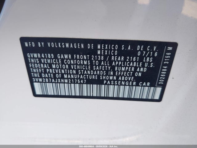 Продаж на аукціоні авто 2017 Volkswagen Jetta 1.4t S, vin: 3VW2B7AJXHM217547, номер лоту: 46049684