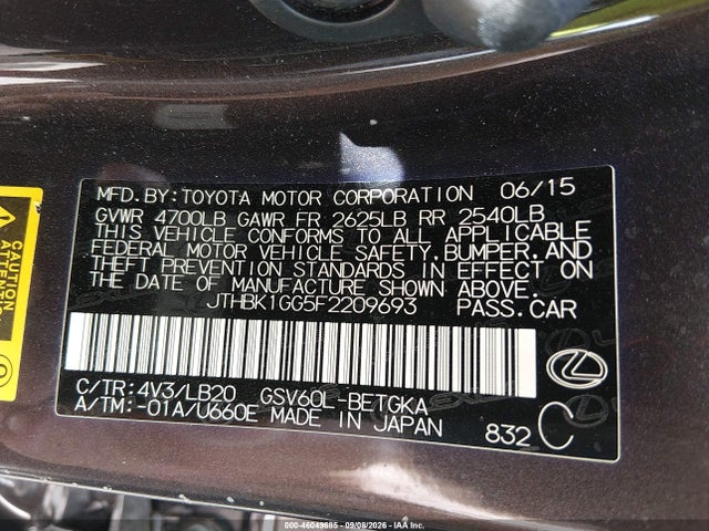 46049685 :رقم المزاد ، JTHBK1GG5F2209693 vin ، 2015 Lexus Es 350 مزاد بيع