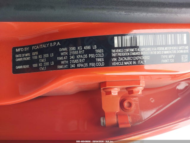Aukcja sprzedaży 2019 Jeep Renegade Trailhawk 4x4, vin: ZACNJBC12KPK06952, numer aukcji: 46049686