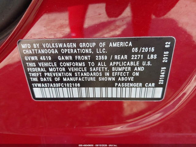 Продаж на аукціоні авто 2015 Volkswagen Passat 1.8t Limited Edition, vin: 1VWAS7A33FC102106, номер лоту: 46049688