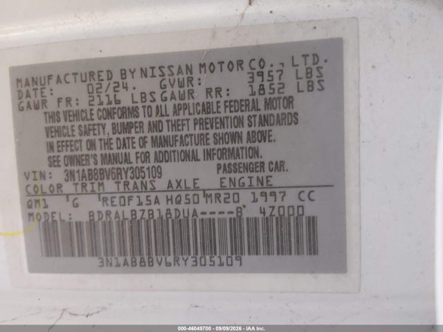 46049700 :رقم المزاد ، 3N1AB8BV6RY305109 vin ، 2024 Nissan Sentra S Xtronic Cvt مزاد بيع