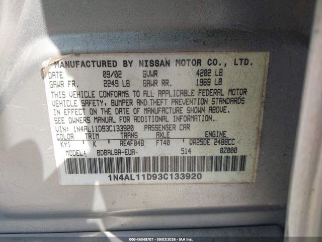 Продажа на аукционе авто 2003 Nissan Altima 2.5 S, vin: 1N4AL11D93C133920, номер лота: 46049707