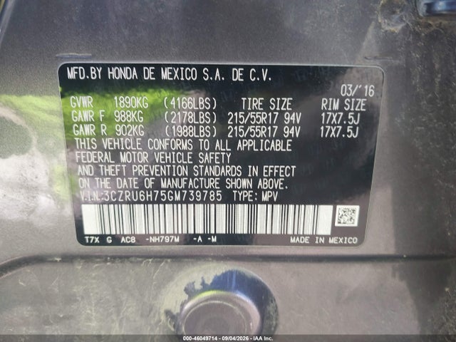 Продаж на аукціоні авто 2016 Honda Hr-v Ex-l, vin: 3CZRU6H75GM739785, номер лоту: 46049714