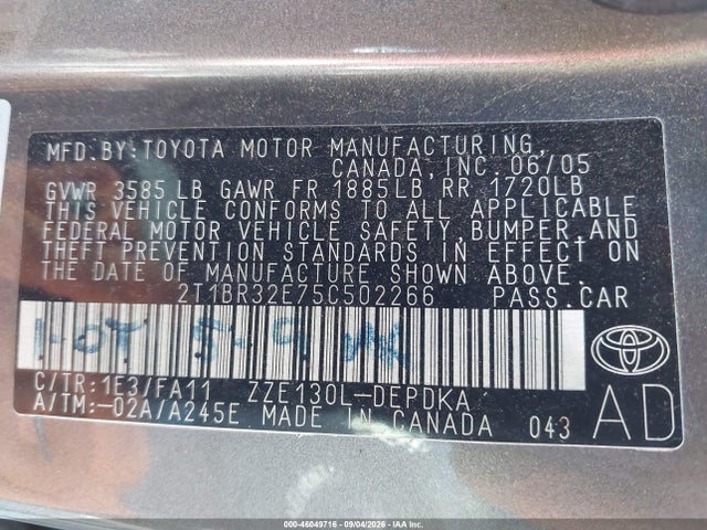 Aukcja sprzedaży 2005 Toyota Corolla Ce, vin: 2T1BR32E75C502266, numer aukcji: 46049716