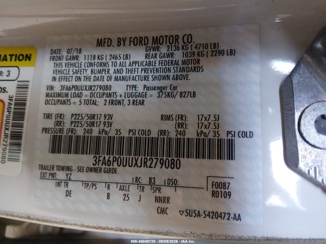 Продаж на аукціоні авто 2018 Ford Fusion Hybrid S, vin: 3FA6P0UUXJR279080, номер лоту: 46049720