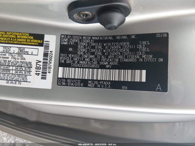 2006 Toyota Sienna Le მანქანა იყიდება აუქციონზე, vin: 5TDZA23C66S508503, აუქციონის ნომერი: 46049722