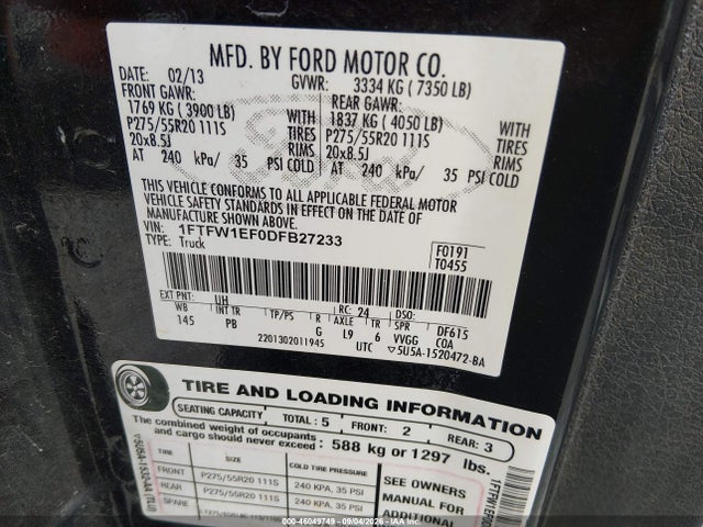 46049749 :رقم المزاد ، 1FTFW1EF0DFB27233 vin ، 2013 Ford F-150 Platinum مزاد بيع