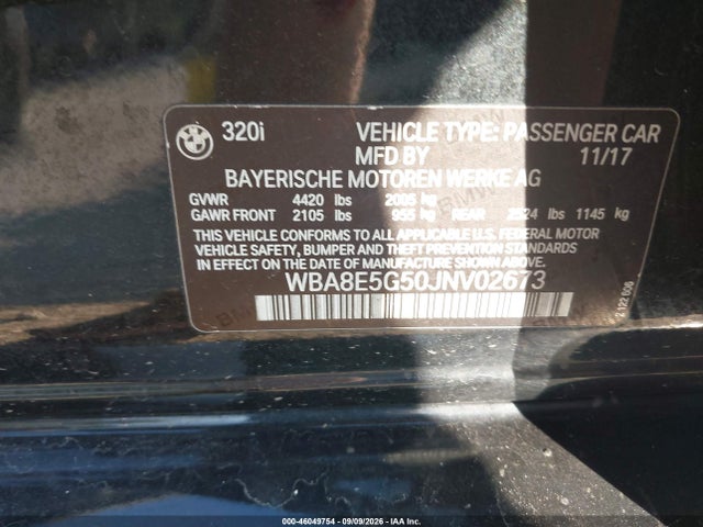 46049754 :رقم المزاد ، WBA8E5G50JNV02673 vin ، 2018 Bmw 320i Xdrive مزاد بيع