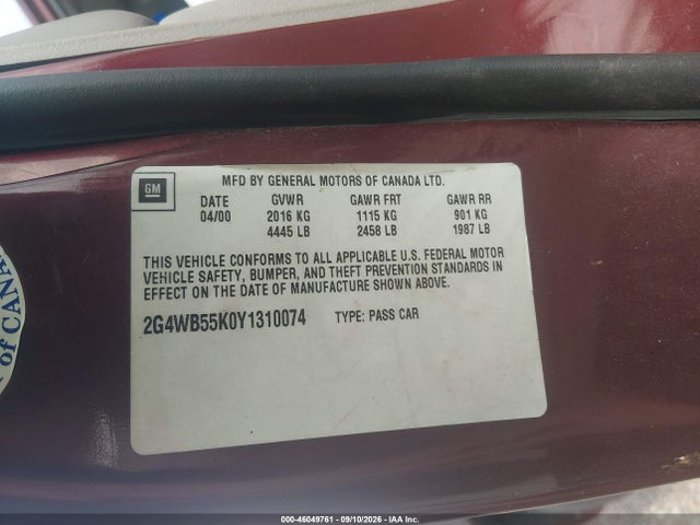 2000 Buick Regal Ls მანქანა იყიდება აუქციონზე, vin: 2G4WB55K0Y1310074, აუქციონის ნომერი: 46049761