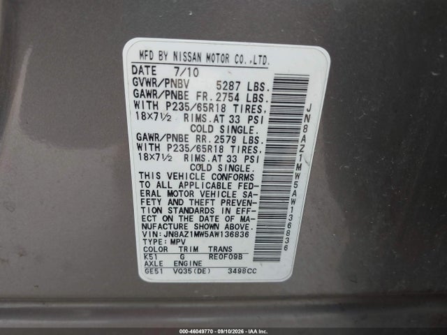 46049770 :رقم المزاد ، JN8AZ1MW5AW136836 vin ، 2010 Nissan Murano Sl مزاد بيع