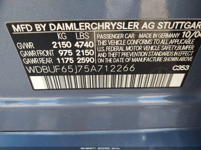 46049771 :رقم المزاد ، WDBUF65J75A712266 vin ، 2005 Mercedes-benz E 320 مزاد بيع